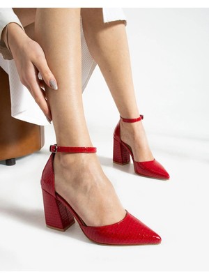 La Limar Golden Heel 8,5 cm Kırmızı Yılan Derisı Desenli Kalın Topuk  Stiletto Topuklu Ayakkabı