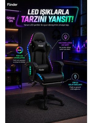 Flinder Premium Siyah Oyuncu Koltuğu, Ledli Sandalye, Işıklı, Yüksekliği Ayarlanabilir, Oyuncu Sandalyesi, Ofis Koltuğu, Çalışma Sandalyesi - 150 kg Taşıma Kapasitesi