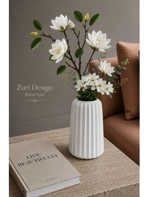 Zuri Design Dekoratif Beton Vazo 15 cm – Modern Çizgili Silindir Vazo – Beyaz Beton Saksılık