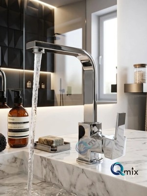 Qmix Krom Lüx Köşeli Mix Aç Kapa Pirinç Gövde Banyo Lavabo Bataryası