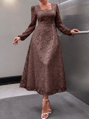 Mass Fashion Kadın Kare Yaka Dantel Detaylı Uzun Elbise