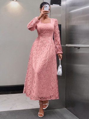 Mass Fashion Kadın Kare Yaka Dantel Detaylı Uzun Elbise