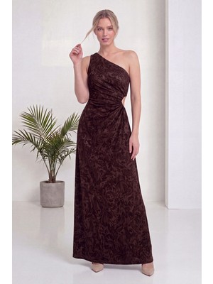 thezkscom Kadın Tek Omuz Cut Out Detaylı Desenli Maxi Elbise Kahverengi, Haki