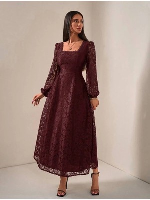 Mass Fashion Kadın Kare Yaka Dantel Detaylı Uzun Elbise