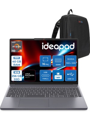 Lenovo Ideapad Slim 3 Amd Ryzen 5 150  40GB 256GB SSD Freedos Radeon 660M 16" Wuxga (1920X1200) IPS 300NITS 60Hz Taşınabilir Bilgisayar 83K80086TRF13 + Zetta Çanta