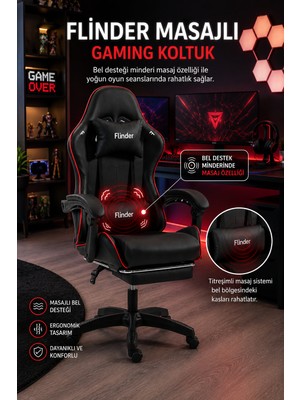 Flinder Premium Siyah/kırmızı Oyuncu Koltuğu, Masajlı Sandalye,, Yüksekliği Ayarlanabilir, Oyuncu Sandalyesi, Ofis Koltuğu, Çalışma Sandalyesi - 150 kg Taşıma Kapasitesi