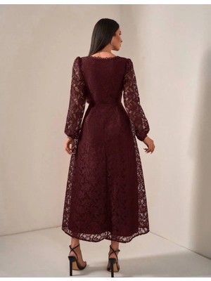 Mass Fashion Kadın Kare Yaka Dantel Detaylı Uzun Elbise