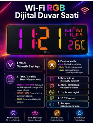 Loyka WİFİ150 Rgb Renkli Büyük Ekranlı Dijital Duvar Saati | Sıcaklık ve Gün Gösterimi