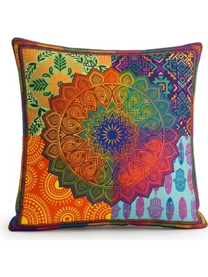 SYCAMORE HOME Mandala Desenli Dekoratif Kırlent Kılıfı 45X45 cm Gizli Fermuarlı Petek Kumaş Dijital Baskılı Bohem Yastık Kılıfı