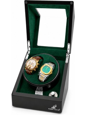 Robert Taylor Watch Winder Brooklands Collection 2 Slotlu Ultra Sessiz Otomatik Saat Kurma Kutusu (Piano Siyah & Alcantara British Green)