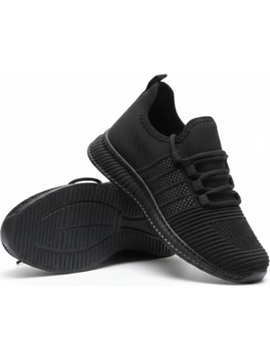 Sport Erkek Siyah Bağcıklı Triko Sneaker Spor Ayakkabı - Hafif - Nefes Alabilen - Ortopedik Konfor - Esnek Taban - Kaymaz Dış Taban - Günlük Yürüyüş Ayakkabısı