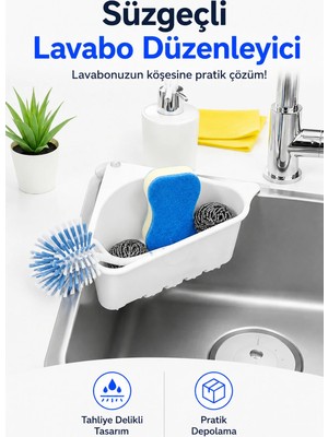 Süzgeçli Köşe Lavabo Düzenleyici - Üçgen Bulaşık Sepeti