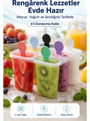 6'lı Dondurma Kalıbı - Yeniden Kullanılabilir Silikon Saplı Buz Patenli Popsicle Kalıbı