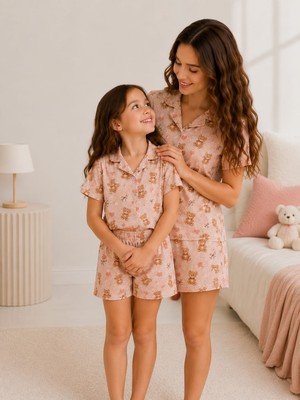 Arn Homewear Ayıcık Kalp Desenli Pamuklu Anne Kız Çocuk Kombini Şortlu Pijama Takımı (Bir Ürün Fiyatıdır)