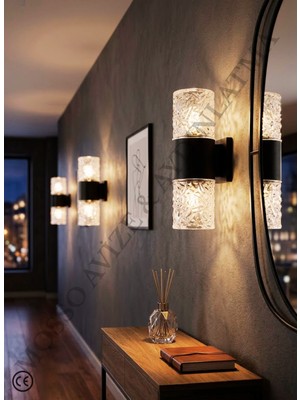 Mosso Faset Siyah Metal Gövdeli Kristal Kesim Camlı Modern Duvar Apliği
