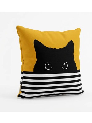 SYCAMORE HOME Siyah Kedi Desenli Dekoratif Kırlent Kılıfı 45X45 cm Gizli Fermuarlı Petek Kumaş Dijital Baskılı Modern Yastık Kılıfı