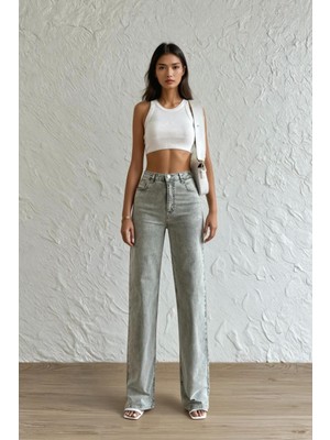 Lacarino 7869 Wide Leg Kadın Gül Baskılı Jean Pantolon