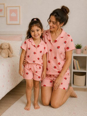 Arn Homewear Çilek Desenli Anne Kız Çocuk Şortlu Pijama Takımı ( Bir Ürün Fiyatıdır)