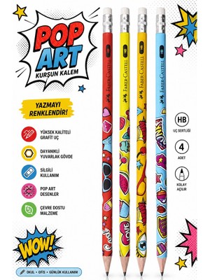 Artlantis Popart Silgili Kurşun Kalem 4 Adet Faber Castell Yuvarlak Gövdeli Siyah Kurşun Kalem Yumuşak Yazım Kolay Tutuş Kalite
