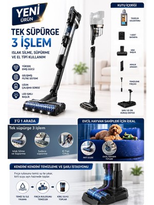 Philips Tek Süpürge 3 Işlem, Otomatik Temizlik, LED Işıklı Başlık (XW9463/11)AQUA Trio 9000 Serisi Islak&kuru Dikey Süpürge