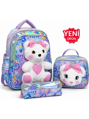 Çantam Gelsin Kız Çocuk Ilkokul Çantası 3’lü Set Peluş Detaylı Sırt Çantası Beslenme Çantası Kalemlik