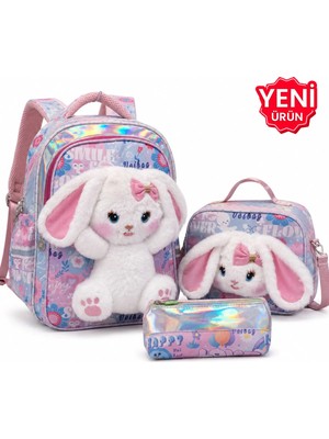 Çantam Gelsin Kız Çocuk Ilkokul Çantası 3’lü Set Peluş Detaylı Sırt Çantası Beslenme Çantası Kalemlik