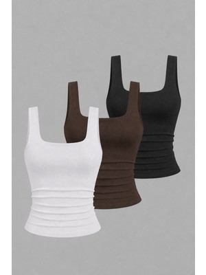 3'lü Kadın Askılı Body Crop Atlet Basic Kare Yaka Esnek Likralı Toparlayıcı Günlük Bluz