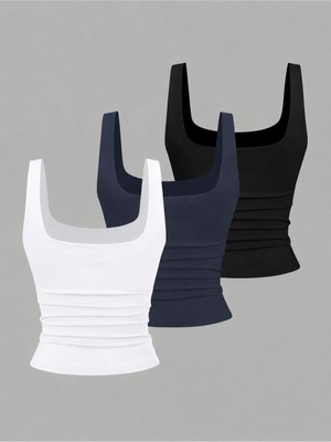 3'lü Kadın Askılı Body Crop Atlet Basic Kare Yaka Esnek Likralı Toparlayıcı Günlük Bluz