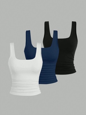 3'lü Kadın Askılı Body Crop Atlet Basic Kare Yaka Esnek Likralı Toparlayıcı Günlük Bluz