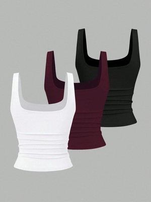 3'lü Kadın Askılı Body Crop Atlet Basic Kare Yaka Esnek Likralı Toparlayıcı Günlük Bluz