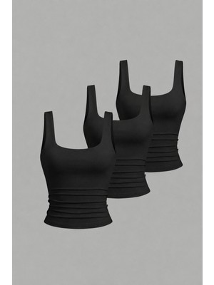 3'lü Kadın Askılı Body Crop Atlet Basic Kare Yaka Esnek Likralı Toparlayıcı Günlük Bluz