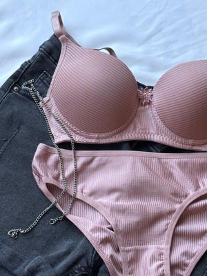 Ebru Destekli Push-Up Sütyen Takımı Mikro Kumaş Kahve Renk 75-95 Beden Günlük Rahat Kullanım