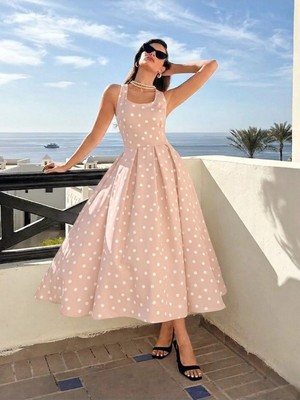 Mass Fashion Kadın Puantiye Desenli Uzun Askılı Elbise