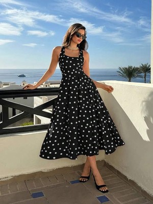 Mass Fashion Kadın Puantiye Desenli Uzun Askılı Elbise