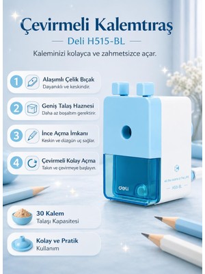 Deli H515-BL Çevirmeli Kalemtıraş – Geniş Hazneli, Dayanıklı Çelik Bıçaklı Masaüstü Kalemtraş (Mavi)