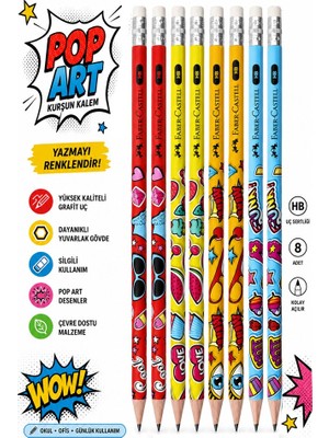 Artlantis Popart Silgili Kurşun Kalem 8 Adet Faber Castell Yuvarlak Gövdeli Siyah Kurşun Kalem Yumuşak Yazım Kolay Tutuş Kalite