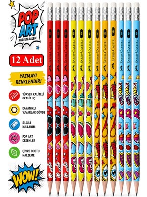 Artlantis Popart Silgili Kurşun Kalem 12 Adet Faber Castell Yuvarlak Gövdeli Siyah Kurşun Kalem Yumuşak Yazım Kolay Tutuş Kalite