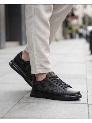 Konfores 2274-ZANELLE Hakiki Full Duble Deri Üst Kalite Premıum Erkek Sneaker Ayakkabı - NKT02274-SIYAH-BASKILI-44