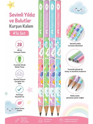 Artlantis Sevimli Bulutlar Kurşun Kalem 4 Adet Faber Castell Yuvarlak Gövdeli Siyah Kurşun Kalem Yumuşak Yazım Kolay Tutuş Kalite
