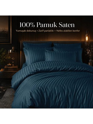 WARMATEX %100 Pamuk Saten Çizgili Çift Kişilik Nevresim Takımı - PETROL