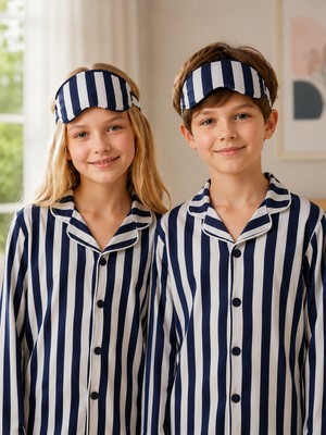 Enie Kız ve Erkek Çocuk Lacivert Pamuklu Çizgili Uzun Kollu Pijama Takımı + Göz Bandı