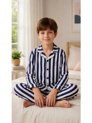 Enie Kız ve Erkek Çocuk Lacivert Pamuklu Çizgili Uzun Kollu Pijama Takımı + Göz Bandı
