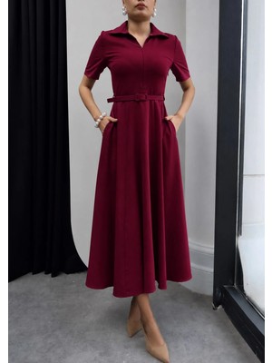 Moda Durağı Princess Gömlek Yaka Kemer Detaylı Elbise Bordo