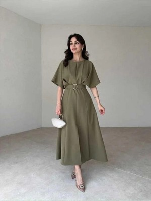Moda Durağı Kaliteli Midi Elbise Yırtmaç Detaylı Kemerli Haki