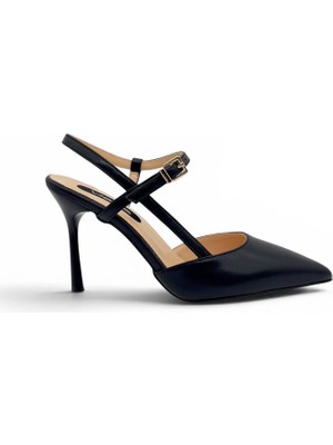 Vieris Siyah Hakiki Deri Toka Detaylı Sivri Burun Slingback Kadın Stiletto (34202-1)