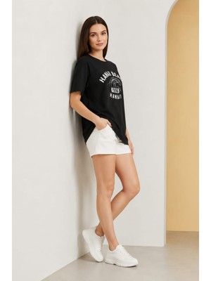 SSO Siyah Yazı Baskılı Kısa Kol Bisiklet Yaka T-Shirt