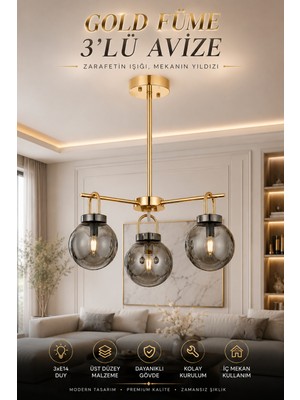 Elvora Home Modern (Premium) Lüks 3'lü Avize Gold Füme Camlı Modern Salon Mutfak Yatak Odası Avizesi Modelleri 3XE14 Duyulu