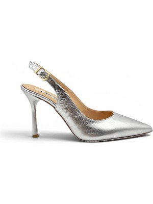 Vieris Gümüş Metalik Hakiki Deri Toka Detaylı Sivri Burun Slingback Kadın Stiletto (34201)