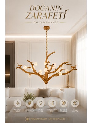 Elvora Home Modern (Premium) 18'li Doğal Ahşap Dal Tasarımlı Avize Kuş Figürlü Dekoratif Sarkıt Avize Salon Oturma Odası Avizesi MODELLERI18XG4 Duylu
