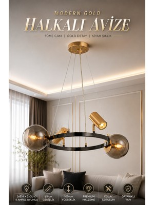 Elvora Home Modern (Premium) Gold Siyah Halkalı Avize Füme Camlı Sarkıt Avize Salon Oturma Odası Avizesi Modelleri 2XE14 + 2XGU10 Duylu